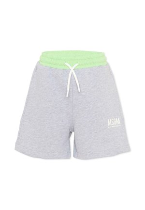 Pantaloncini casual grigio chiaro con elastico in vita verde neon, coulisse bianca e logo "MSGM" bianco sulla gamba sinistra.