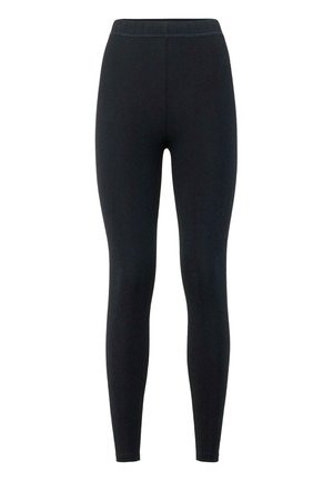 Leggings noirs en tissu extensible, dotés d'une taille haute et d'un design lisse et sans coutures. Aucun logo ou motif visible.