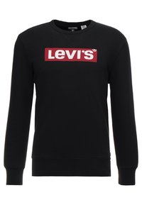 Sweat-shirt Levi's noir à col ras du cou avec manches longues et logo rectangulaire rouge avec texte blanc centré sur la poitrine.