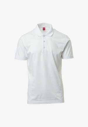 Polo blanc à manches courtes en coton, doté d'un col plat, d'une patte de boutonnage à trois boutons et d'une texture subtile.