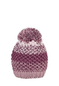 Knitted beanie in gradient shades of purple with a textured pattern, featuring a large pom-pom on top and a ribbed edge.