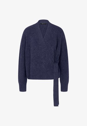 Navy blauwe wikkeldeken gemaakt van gemarmerde breistof met lange mouwen en een striksluiting in de taille, met ribgebreide hem details.