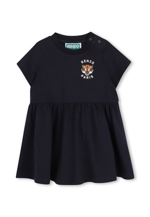 Robe bleu marine à manches courtes avec jupe froncée et logo Kenzo Paris avec une tête de tigre sur la poitrine.