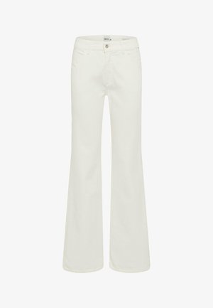 Pantalon blanc taille haute avec fermeture à boutons, passants pour ceinture, poches avant et jambes légèrement évasées sur un fond uni.