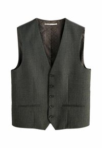 Šedý vlnený vest s výstrihom do V, piatimi čiernymi gombíkmi, dvoma prednými vreckami a vzorovanou tmavou podšívkou.