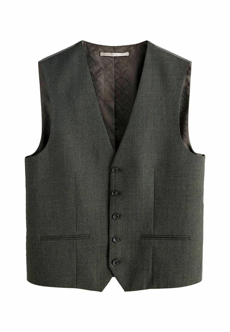 Šedý vlnený vest s výstrihom do V, piatimi čiernymi gombíkmi, dvoma prednými vreckami a vzorovanou tmavou podšívkou.
