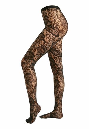 Medias negras de encaje con patrón floral, textura translúcida, cinturilla opaca y acabado suave, diseñadas para cubrir las piernas completamente.