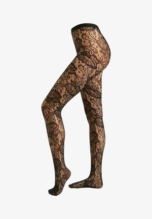 Medias negras de encaje con patrón floral, textura translúcida, cinturilla opaca y acabado suave, diseñadas para cubrir las piernas completamente.