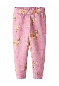 Rosa leggings med ett upprepat mönster av rådjur och blommiga accenter. Mjuk tyg, elastisk midja, smalnande ankle cuffs.