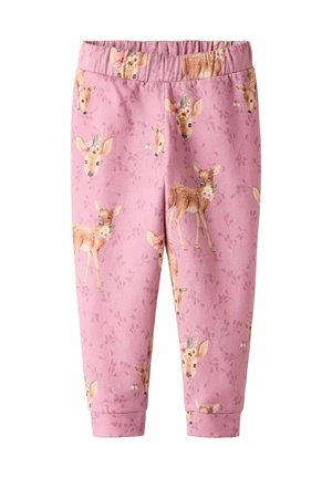 Pink leggings featuring a repeated deer print with floral accents. Soft fabric, elastic waistband, tapered ankle cuffs.