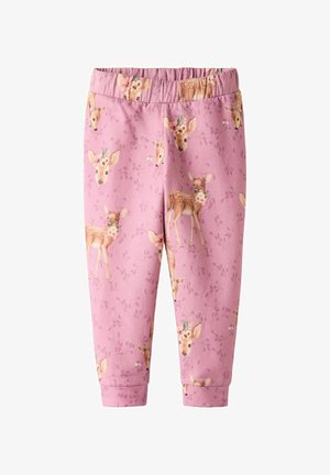 Rosa leggings med ett upprepat mönster av rådjur och blommiga accenter. Mjuk tyg, elastisk midja, smalnande ankle cuffs.
