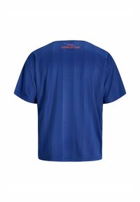 Maillot de football bleu à manches courtes vu de dos avec des rayures verticales discrètes et texte rouge « FIFA WORLD CUP » près du col.