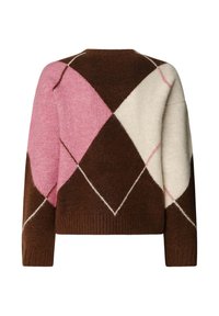 Pullover trui met een bruin, roze en crèmekleurig ruitpatroon. Heeft een ronde hals, een losse fit en ribgebreide manchetten en onderkant. Zachte textuur.