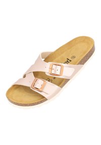 Helle rosa Sandalen mit Kreuzriemen, zwei verstellbaren Schnallen, einer Korkmittelsohle und einem strukturierten braunen Fußbett. Weiße Gummisohle.
