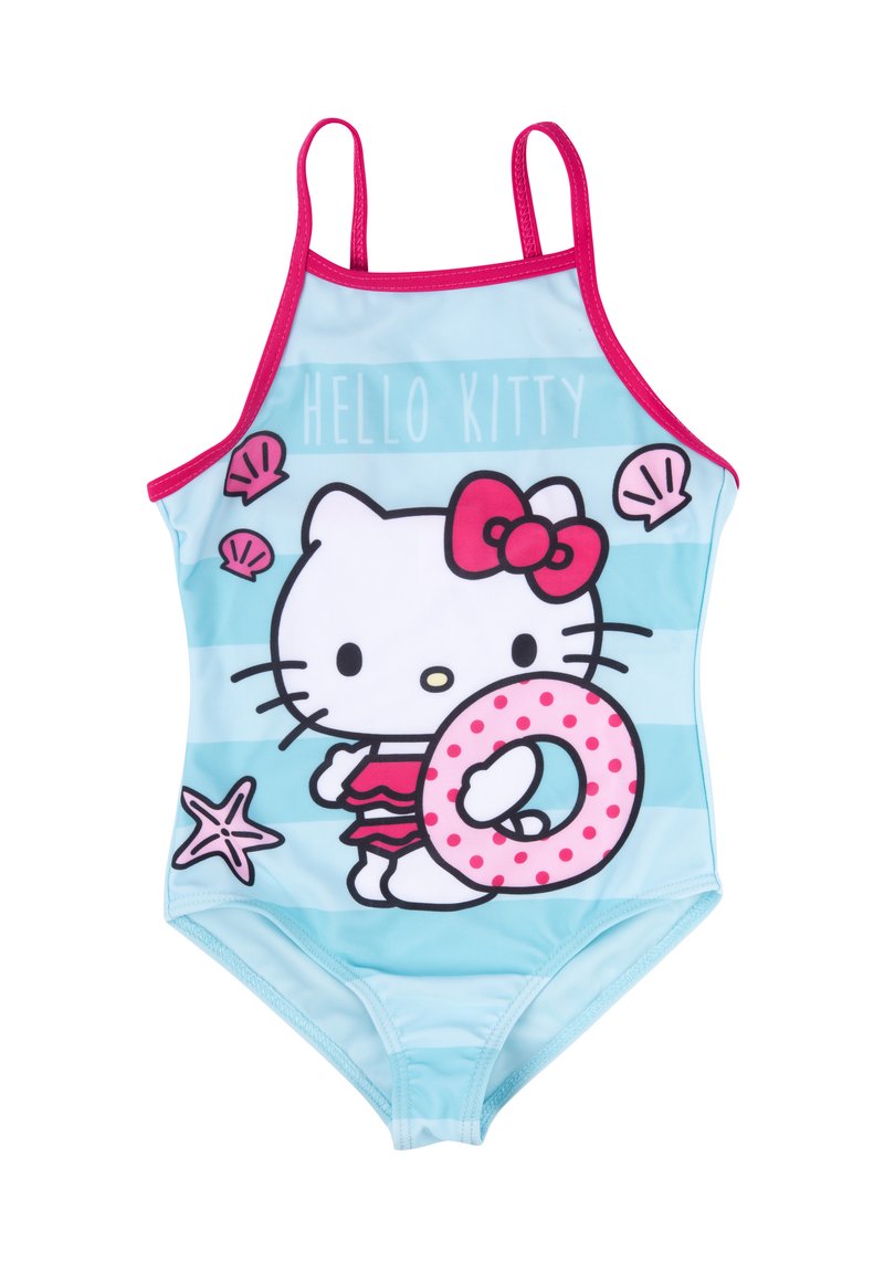 Un costume da bagno intero azzurro chiaro con dettagli rosa, raffigurante Hello Kitty che tiene un salvagente a pois, decorato con grafiche di stelle marine e conchiglie.