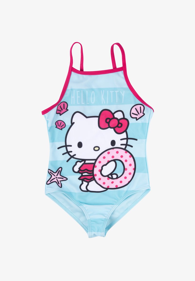 Un costume da bagno intero azzurro chiaro con dettagli rosa, raffigurante Hello Kitty che tiene un salvagente a pois, decorato con grafiche di stelle marine e conchiglie.