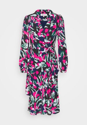 Multicolored wrap dress featuring a vibrant floral pattern with pink, green, and white leaves on a dark background, secured with a side tie.