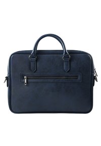 Læder laptop taske i mørk navy med dobbelte top håndtag, en front lynlås lomme og glat tekstur. Har et stilrent design og minimalistiske detaljer.