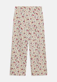 Gaišas, krēmkrāsas bikses ar elastīgu jostu, rotātas ar ziedu rakstu rozā, zilā un oranžā krāsā.