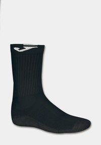 Calzino sportivo nero con parte superiore a costine, sezione inferiore testurizzata e un logo bianco vicino al polsino. Realizzato in materiale estensibile e traspirante.