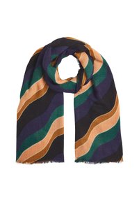 Gewebter Schal mit wellenförmigen Mustern in Dunkelblau, Grün, Orange und Pink. Weiche Textur mit ausgefransten Kanten, rechteckige Form.