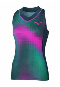 Top deportivo sin mangas con escote en V, que presenta un patrón de píxeles en degradado en verde y morado, y un logo de Mizuno en rosa en el pecho.