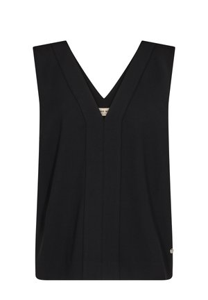 Top negro sin mangas con escote en V profundo y detalles de costuras verticales en la parte delantera.