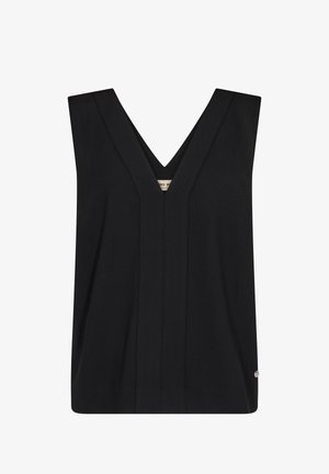 Top nero senza maniche con scollo a V profondo e dettagli di cuciture verticali sul davanti.