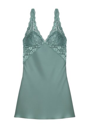 Lingerie cami in teal satijn met delicate kanten rand rond de buste en banden, met een gladde, vloeiende silhouet en een flatterend ontwerp.