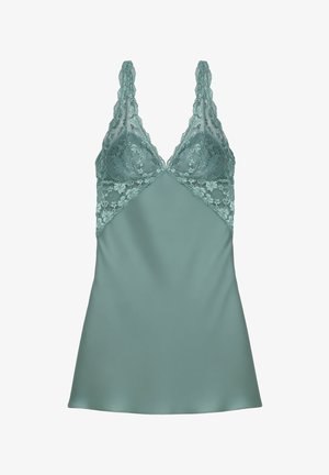Unterstützer-Camisole aus tealfarbenem Satin mit zarter Spitzeneinfassung am Bustier und den Trägern, präsentiert sich in einer glatten, fließenden Silhouette und schmeichelhaften Design.