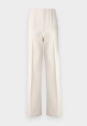 Beige vidde bukser med høj talje, to forlommer og synlige syninger. Lavet af et glat, let materiale.