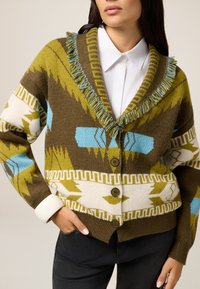 Monivärinen neulecardigan, jossa on geometrisia kuvioita ruskeassa, valkoisessa, vihreässä ja sinisessä, frillalla varustettu kaulus ja kolme nappia.