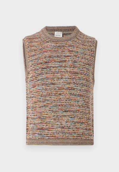 Gilet sans manches en tricot multicolore avec col rond et bords côtelés, équipé d'une petite étiquette blanche au niveau du col.