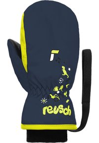 Mittens blu navale con un accento giallo, dotati di un interno nero texturizzato e grafiche giocose di giocattoli e forme; incluso un cinturino regolabile per il polso.