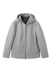 Szara kurtka z mieszanki wełny z kapturem, wyposażona w przedni zamek błyskawiczny, dwie boczne kieszenie oraz gładką teksturę. Prosty i nowoczesny design.