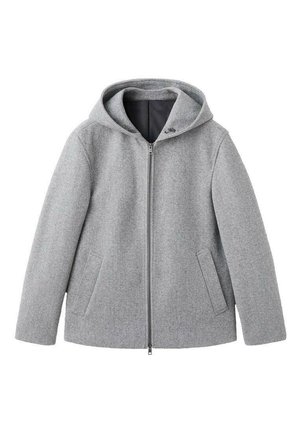 Siva jakna od mješavine vune s kapuljačom, s prednjim patentnim zatvaračem, dva bočna džepa i glatkom teksturom. Jednostavan i moderan dizajn.