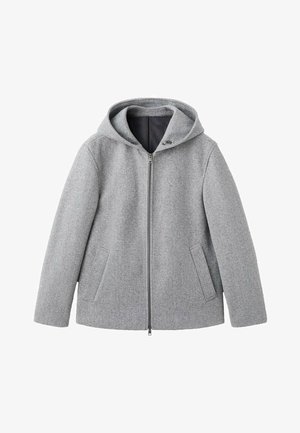 Giacca grigia in misto lana con cappuccio, dotata di una cerniera frontale, due tasche laterali e una texture liscia. Design semplice e moderno.