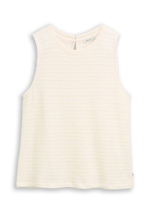 Haut blanc texturé sans manches avec col rond et petite fermeture à bouton dans le dos, conçu pour un usage décontracté.