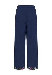 Pantaloni largi de culoare bleumarin cu talie elastică. Baza este decorată cu modele florale brodate colorate. Material ușor, neted.