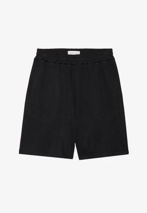 Črne kratke hlače iz mehkega materiala, z elastičnim pasom, dvema stranskima žepoma in preprostim, ravnim krojem.