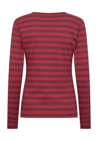 Long-sleeve top featuring a ribbed fabric in alternating dark red and burgundy stripes. Round neckline and fitted design.