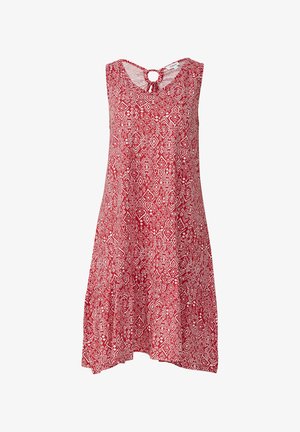 Rode mouwloze jurk met witte geometrische patronen, ronde halslijn en sleutelhole-detail op de rug. Losvallend met een uitlopende onderkant.