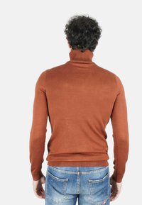 Maglione marrone a collo alto con coste, maniche lunghe, design aderente e texture liscia, indossato con jeans di denim blu.