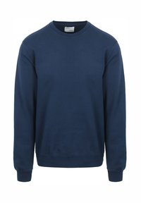Marineblauwe sweatshirt van zacht katoen. Heeft een ronde hals, lange mouwen en ribgebreide manchetten en zoom. Eenvoudig ontwerp zonder patronen.