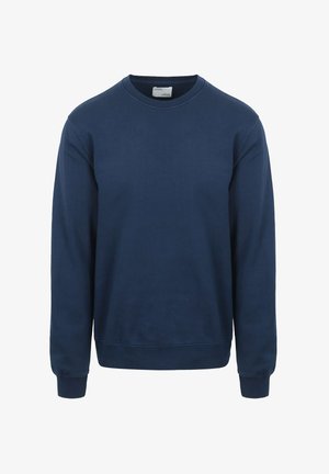 Navyblaues Sweatshirt aus weichem Baumwollmaterial. Verfügt über einen runden Ausschnitt, lange Ärmel sowie gerippte Bündchen und Saum. Einfaches Design ohne Muster.