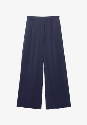 Marinefarbene Weitbein-Hosen mit elastischem Bund, aus weichem Stoff gefertigt. Sie zeichnen sich durch ein lockeres, fließendes Design aus, das sich ideal für die Freizeit eignet.