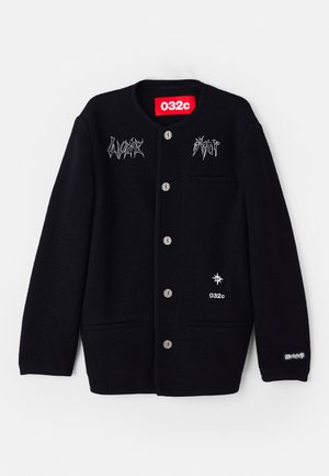 Black wool cardigan with a round neck, silver buttons, and front pockets. Features white embroidered text and logos on the chest and sleeve.