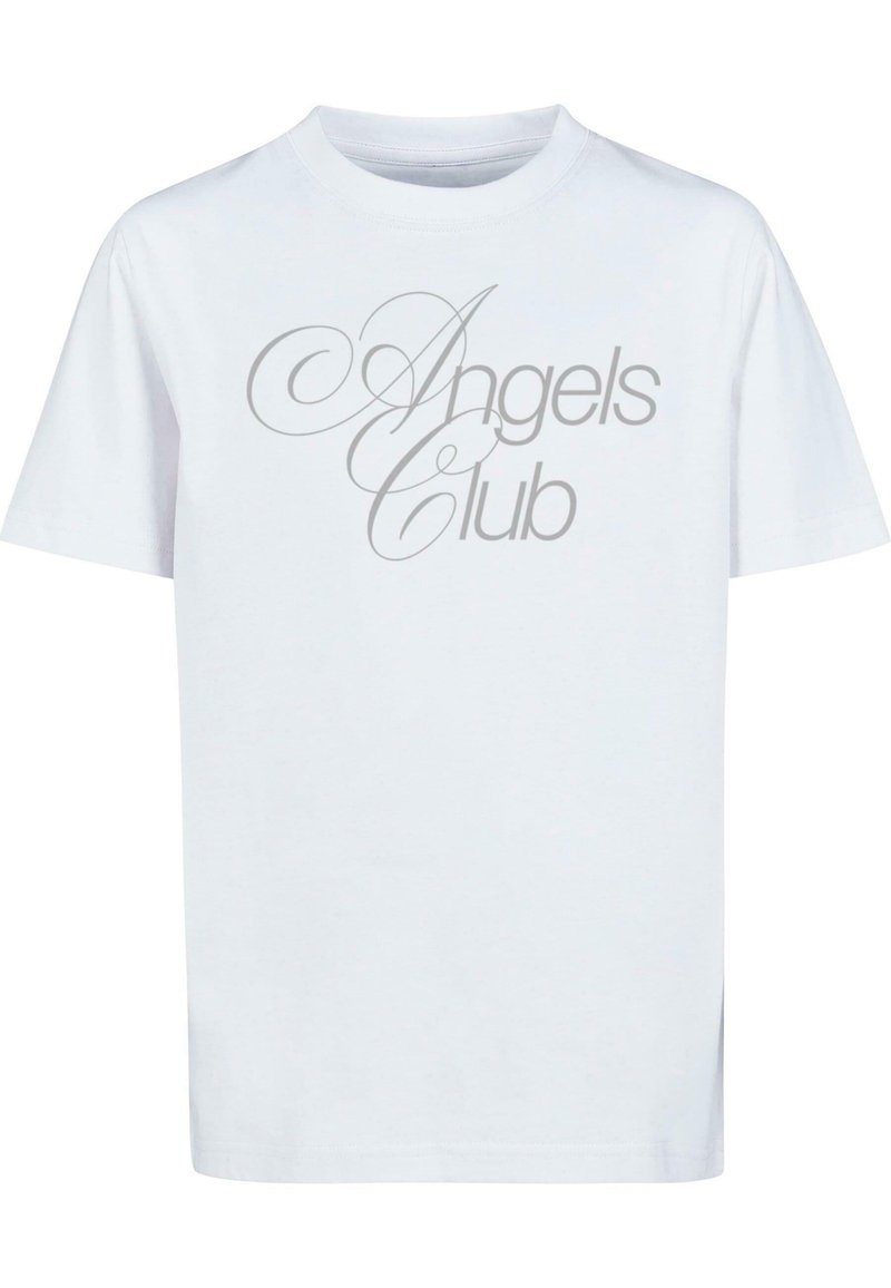 Balts kokvilnas T-krekls ar apaļu kaklu. Uz priekšpuses lielajos, eleganti pelēkos kursīva burtos ir izdrukāts "Angels Club". Īsās piedurknes.