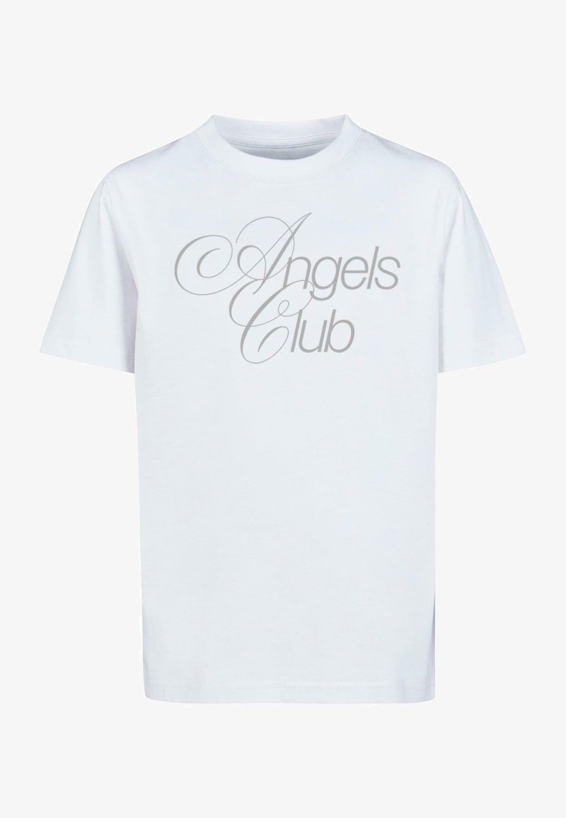 White cotton t-shirt with a round neck. "Angels Club" is printed in a large, sleek gray cursive font across the front. Short sleeves.