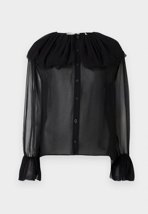 Fekete áttetsző blúz fodros nyakkal, gombos előlappal, hosszú ujjal és megköthető mandzsettákkal. Könnyű, puha tapintású anyagból.